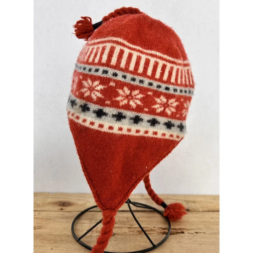 Lands' End Beanie Lambs Wool Blend Kids Sz L Orange Fleece Lined